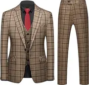 MOGU Mens 3-Piece Slim Fit Plaid Suit - Blazer, Vest, and Pants Set for Wedding, Prom, and Business