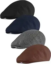[KUTTOR] 4 Pieces Newsboy Men's Hat Newsboy Cap Flat Cap Soft Stretch Fit Men Cap Cabbie Hunting Cap for Men Outdoor Daily Use