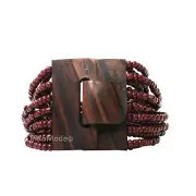 Maroon BALI Bracelet with Hardwood Buckle Clasp 14-Strand Elastic Glass Bead