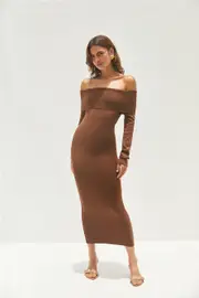Angels Sing Off Shoulder Knit Maxi Dress Chocolate