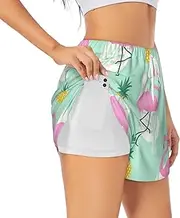 [JBYJBX] Red Flamingo Pineapples Print Shorts Athletic Running Women's Workout Pockets Gym Quick-Dry Sport Hiking Elastic