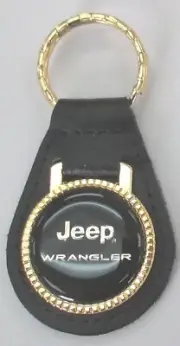 Rare Jeep WRANGLER Gold Logo Black Leather Gold tone Key Ring #4312 Key Fob