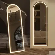 LVSOMT Arched Full Length Mirror with Lights, 160 x 50 cm Arch Floor Mirror with Stand, Free Standing, Wall-Mounted Leaning Against Wall, Full Body Dressing Mirror for Living Room, Bedroom, (Black)