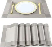 FGSAEOR Placemats, Place Mats for Kitchen Dining Table, Heat-Resistant Anti-Skid Stain Washable PVC Table Mats, Easy to Cleaning Woven Vinyl Dinner Mats (Silver, 6 Pack)
