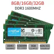 Crucial 32GB 16GB 8GB 4G PC3 / PC3L DDR3 / DDR3L1600MHz SODIMM Laptop RAM LOT AU