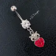 14g White Red Sparkle Cz Dangle Owl With Heart Belly Button Ring (B260)