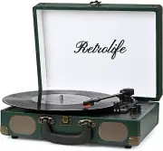 RETROLIFE Vintage Suitcase Turntable Bluetooth, AUX R609 Dark Green - OPEN BOX.
