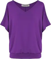 [Van Der Rich] Women's Oversize Short V-Neck Plain T-Shirt, Purple, L Plus Tall