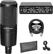 blucoil Audio Technica AT2020 Cardioid Condenser Microphone for Vocals, Musical Instruments, & Home Studio Recording Bundle Portable USB Audio Interface for Windows & Mac, and 10' XLR Cable