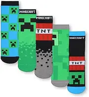 Minecraft Boys Socks Set of 5 | Childrens Character Calf Socks with Creeper and TNT All Over Print in Black, Green and Blue