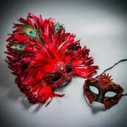 Red Venetian Warrior Top Feather Men Women Masquerade Halloween Party Mask Set
