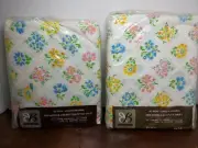 NOS Vintage BIBB 2pc Double Size Sheets. 1 Flat, 1 Fitted. Pink, Blue, Yellow