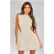 Stone Stretch Woven Cut Out Backless Shift Dress, Stone