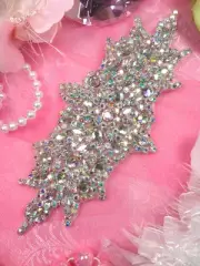 XR114 Rhinestone Applique Aurora Borealis Bridal Motif Silver Crystal AB 7"
