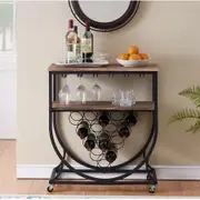 Industrial Wine Rack Cart with Glass Holder Vintage Brown