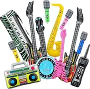 12 Pieces Inflatable Rock Star Toy Set Inflatable Instruments Guitars Bass Lute Saxophone Microphones Mobile Phone Recorder Piano Props for Rock and Roll Party Decorations 80's 90's Party Decorations