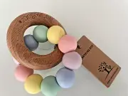 Nature Bubz Rainbow Wood & Silicone Teething Ring NWT teether baby toy pastel