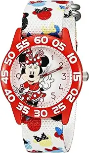 [Disney] Minnie Mouse Kids' Bezel Stainless Steel Time Teacher Analog Nylon Strap Watch, Red, White Multi, Quartz Movement