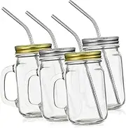 ELAYARD 4 Pcs Glass Jar Mugs with Ergonomic Handle Lid Drinking Cups for Juice Milk Water Stylish Straw Included