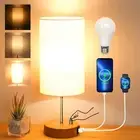 Bedside Lamp, Table Lamp with Rotary Switch, Dimmable Bedroom Lamp with USB A+C