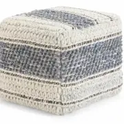 Simpli Home Grady Boho Square Pouf in Blue and Natural Handloom Woven