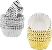 DONFAMDS 200 PC Thicken Aluminum Foil Muffin Cake Liners Silver Golden Paper Baking Cups for Cupcakes Muffins Desserts for Weddings Parties and Celebrations
