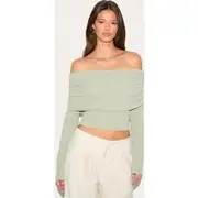 Sage Green Onion Skin Bardot Ruched Top, Sage Green