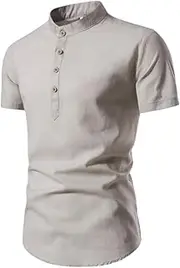 [TONGUC] Spring and Summer New Men's Fashion Slim Fit Solid Short Sleeve Shirt Business Standing Collar Cotton Hemp Half Open Men's Shirt Grey