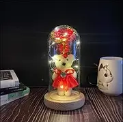 Glass Preserved Eternal Red Rose with Teddybear Lamp, Birthday for Her Women Gifts Gold Foil Artificial Rose with DIY Led Light, Beauty and The Beast Dome, Christmas Valentine's Mother's Day Mom Gift