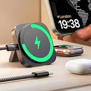 LISEN Magsafe Charger Apple Watch 2 in 1 Wireless Charging Station Magnetic Charging Pad Magsafe Charger Stand Travel Charger for Multiple Devices Fits iPhone 16 Apple Watch Airpods(Black)