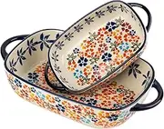 ONECCI Retro pastoral style Ceramic Baking Dish Rectangular Bakeware Set Baking Pan, 2-piece Hand-painted Porcelain Baking pan with handle, Casserole Dish for Oven/Cooking/Kitchen (Colorful Flower)