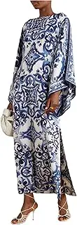 [Earthen Threads] Party Wear Beach Kaftan Kimono Crepe Dress-J5797-L-Blue