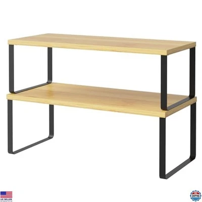 Stackable Kitchen Shelf Organizer Set of 2, Spice Rack, Black & Natural