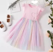 Girls Dress Rainbow Tulle Silver Heart Pink Flutter Sleeve Dress