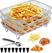 3-Layer Air Fryer Rack,Stainless Steel Stackable Dehydrator Rack with Clipper and 8pcs Silicone Feet Air Fryer Basket Tray for Baking and Cooking (Rectangular)