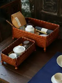 在飛比找樂天市場購物網優惠-竹編茶盒大漆收納筐 竹簍紙簍書房文玩果籃果盤 手工復古筐茶室