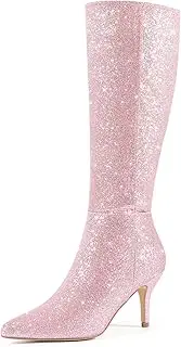 [Perphy] Glitter Pointed Toe Sparkly Stiletto Heel Knee High Boots for Women
