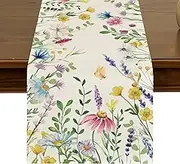 Floral Leaves Summer Table Runner,72 Inches Spring Daisy Eucalyptus Lavender Holiday Kitchen Dining Table Decor for Home Party Indoor ZQ02