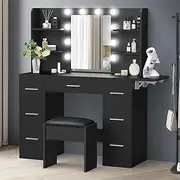 ALFORDSON Dressing Table Chair Set 132cm with LED Mirror, Black, Storage Shelves and Drawers, Makeup Vanity Desk with Flip-up Countertop