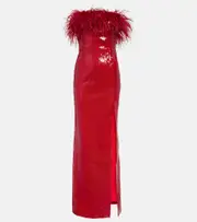 [Rebecca Vallance] Rebecca Vallance Nika sequined feather-trimmed gown UK 6 red