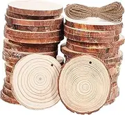 HORIALENCE 50pcs Unfinished Wood Slices Craft Natural Timber Rounds with Jute Twine for DIY Wedding Decorations Rustic Ornaments and Creative Projects