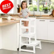 Kids Kitchen Step Stool with Safety Rail, Montessori Learning Stool (White)