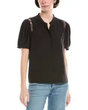 FRAME Denim Lace Shoulder Inset Silk Blouse