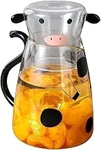 Cow Glass Water Pitcher - Cute Bedside Carafe, Clear Glass Mug, Milk Jug Kettle | Vintage Water Pitcher with Lid, Charming Cow Print Carafe with Cup Designed for Midnight Drinks, Nightstand, Kit