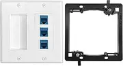 2 Gang Brush Wall Plate and 3-Port Cat6 Ethernet, RJ45 Keystone Jack Blue with Low Voltage Mounting Bracket for HDMI, Coaxial, Ethernet, Speaker Wires, Power Cords Cable Pass Through