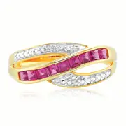 9ct Yellow Gold Square Cut 2 mm Created Ruby Diamond Set Ring