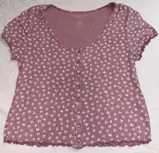 American Eagle Crop Top Snap Front Floral Shirt Pink White Y2K Prairie Large