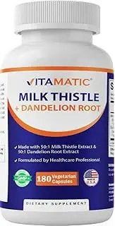 Vitamatic Milk Thistle 50:1 Extract 500mg, Dandelion Root 50:1 Extract 100mg, 180 Vegetarian Capsules, Non-GMO, Gluten Free.