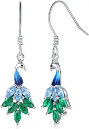 925 Sterling Silver Peacock Dangle Earrings - Green and Blue CZ Peacock Feather