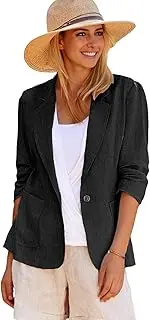 [Mina Self] 2024 Summer Linen Blazer Women 3/4 Stretchy Ruched Sleeve Fully Lined Lightweight Breathable Casual Work Jacket